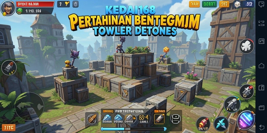Tangkapan layar gameplay mendebarkan KEDAI168 dengan menara bertahan yang strategis.