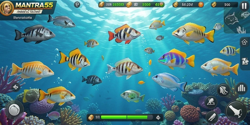 Screenshot gameplay MANTRA55 menampilkan aksi tembak ikan yang seru.