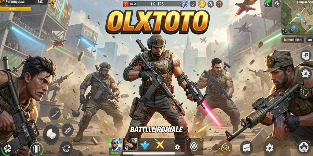 Screenshot OLXTOTO menunjukkan aksi pertempuran intens dalam gameplay Battle Royale.
