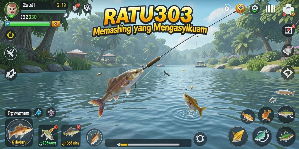 Tampilan gameplay <strong>RATU303</strong> saat memancing ikan yang menantang.