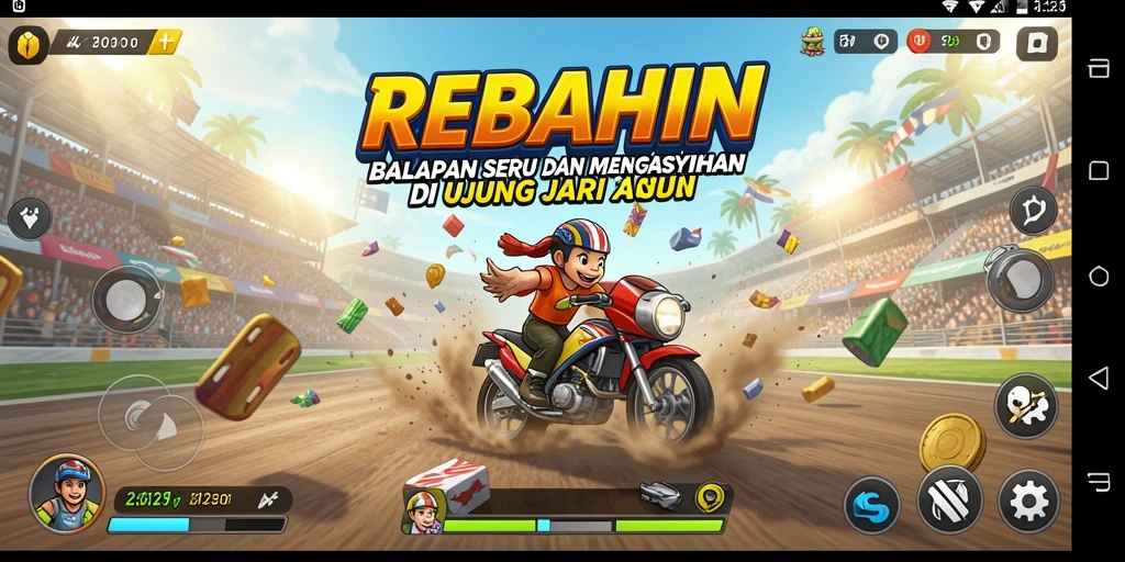Tampilan mendebarkan dari lintasan balap REBAHIN dengan mobil yang cepat.