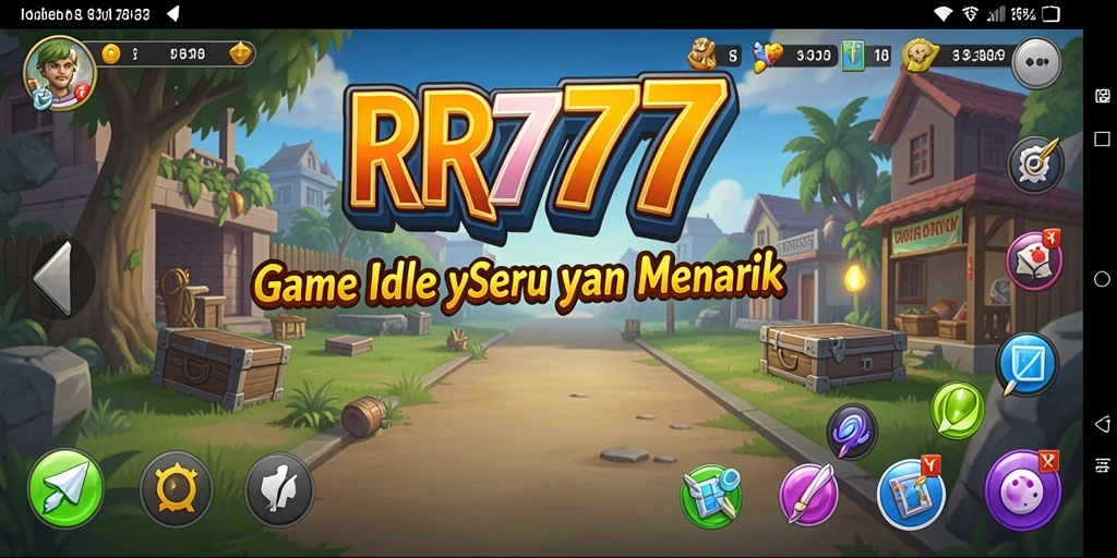 Screenshot utama RR777 menampilkan karakter yang sedang mengumpulkan sumber daya secara otomatis.